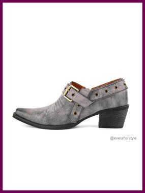 Western Ankle Boots Leather Pointed Toe Buckle Strap Chunky Heel Booties